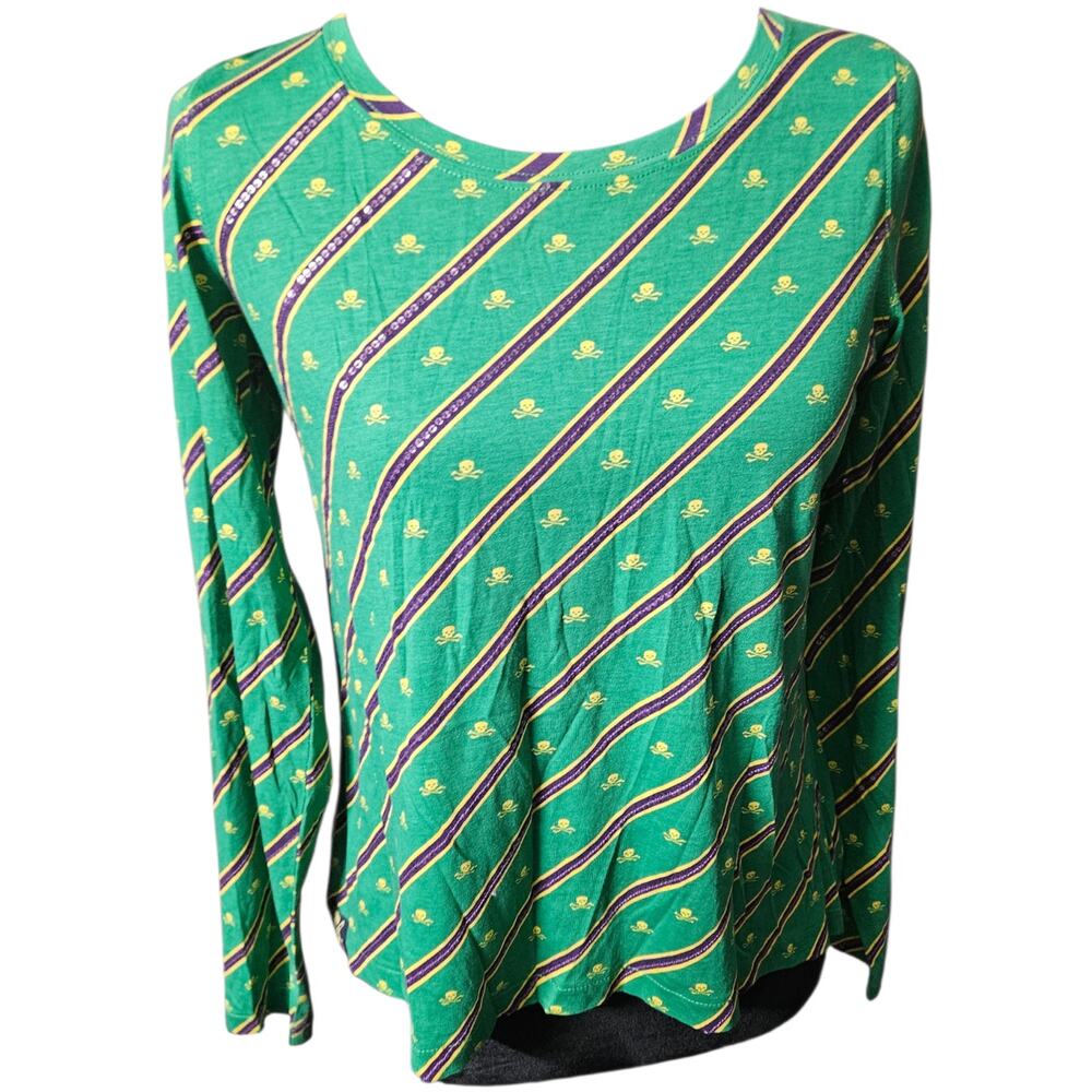 Ralph Lauren Girls Large 12-14 Green Sequin Stripe Skull Crossbones Shirt L/S